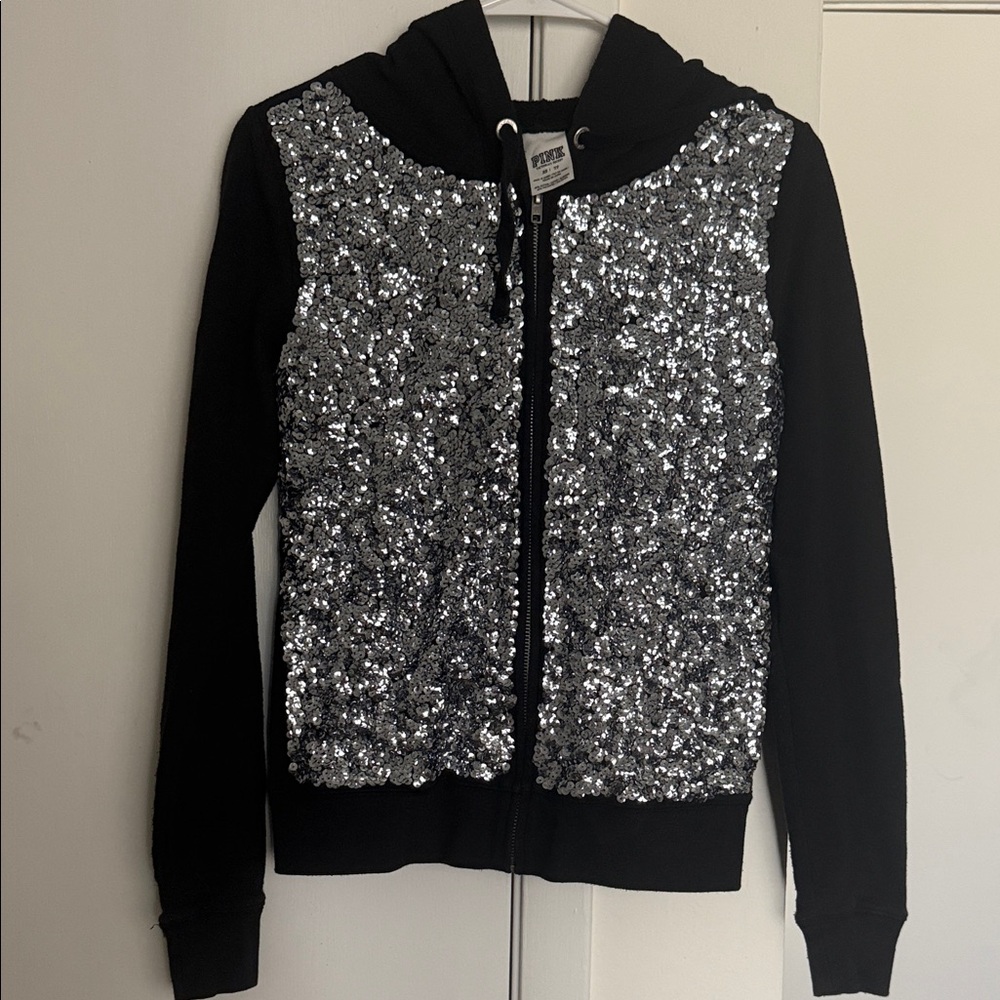 PINK Victoria’s Secret Black Hoodie with Silver Sequins